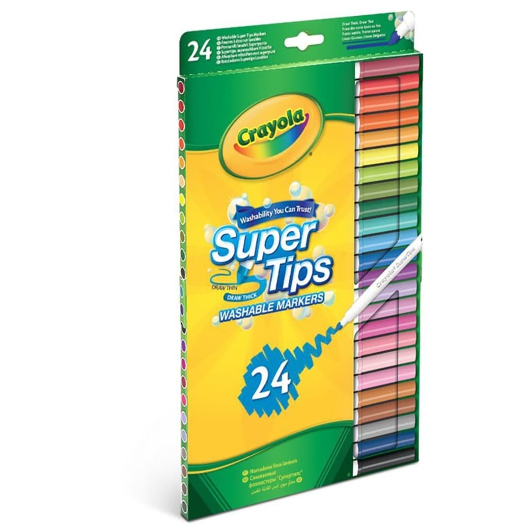 The Crayola Super Tips 24-pack in its green and yellow wallet, with the coloured markers visible down the right-hand side and Washable Markers printed on the front.