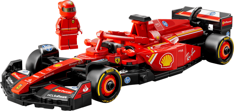 The built LEGO Speed Champions Ferrari SF-24 in red with sponsor decals, black tyres and a rear wing, with a red-suited driver minifigure standing beside it.