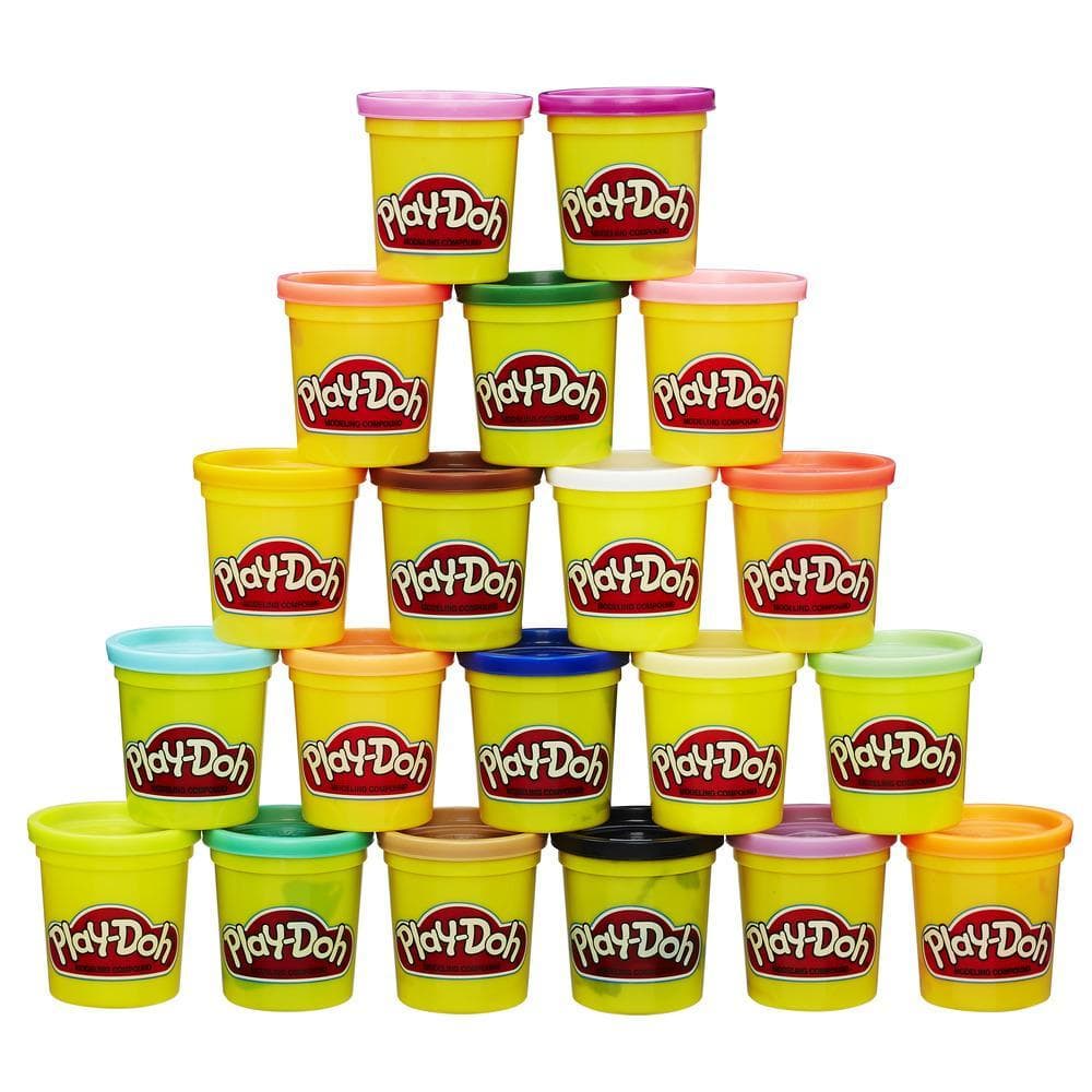 Twenty yellow Play-Doh cans with differently coloured lids, stacked in a pyramid.