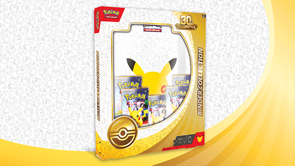 The Pokémon TCG 30th Celebration Binder Collection in its gold-trimmed window box, with booster packs and a Pikachu graphic visible through the front panel.