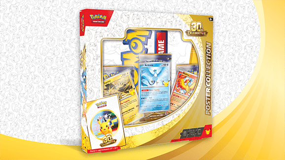 The Pokémon TCG 30th Celebration Poster Collection box, with the Articuno promo card and booster packs shown behind the display window and the folded poster below.
