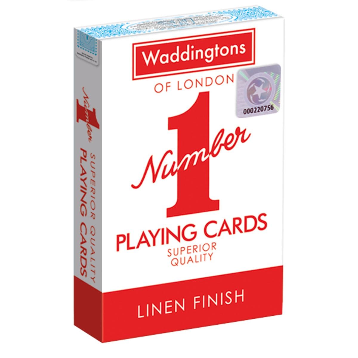 A red and white Waddingtons of London Number 1 playing-card pack, marked Superior Quality and Linen Finish.